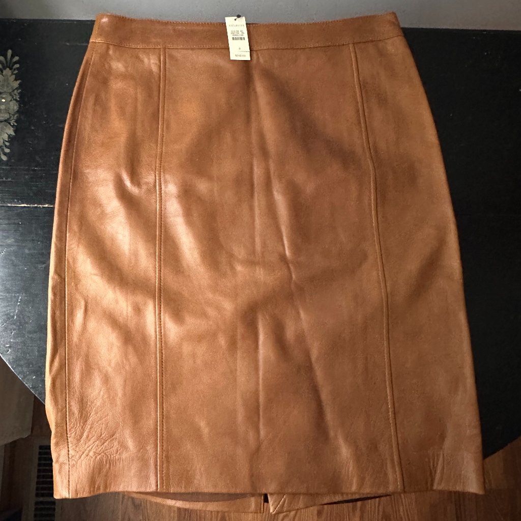 Nwt (Flaw) Talbots Camel Leather Pencil Skirt Size 4